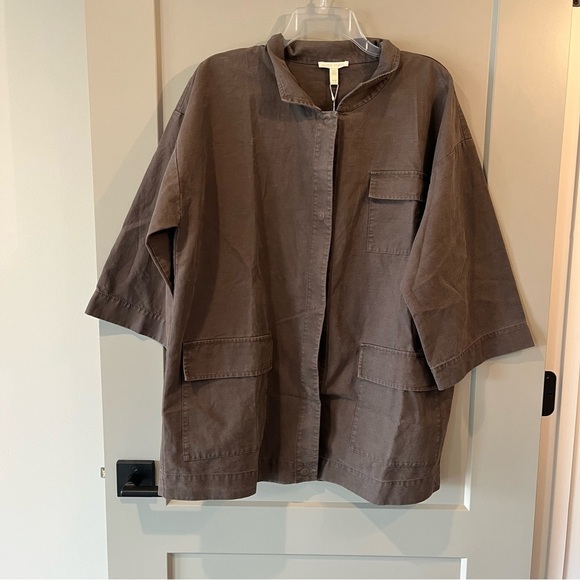 NWT Eileen Fisher Rye Brown Cotton Hemp Mandarin Collar Jacket Medium $248